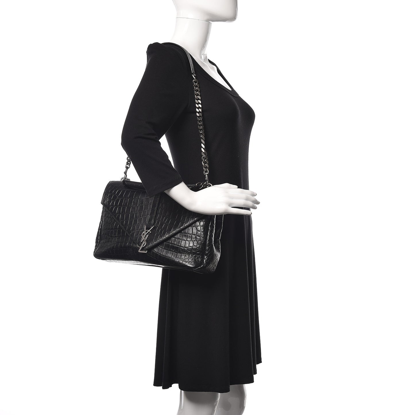 Calfskin Crocodile Embossed Monogram Large College Satchel Black