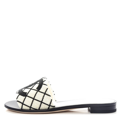 Chanel Pearl Embroidery Flat Sandals 38.5 White Black 1 of 11