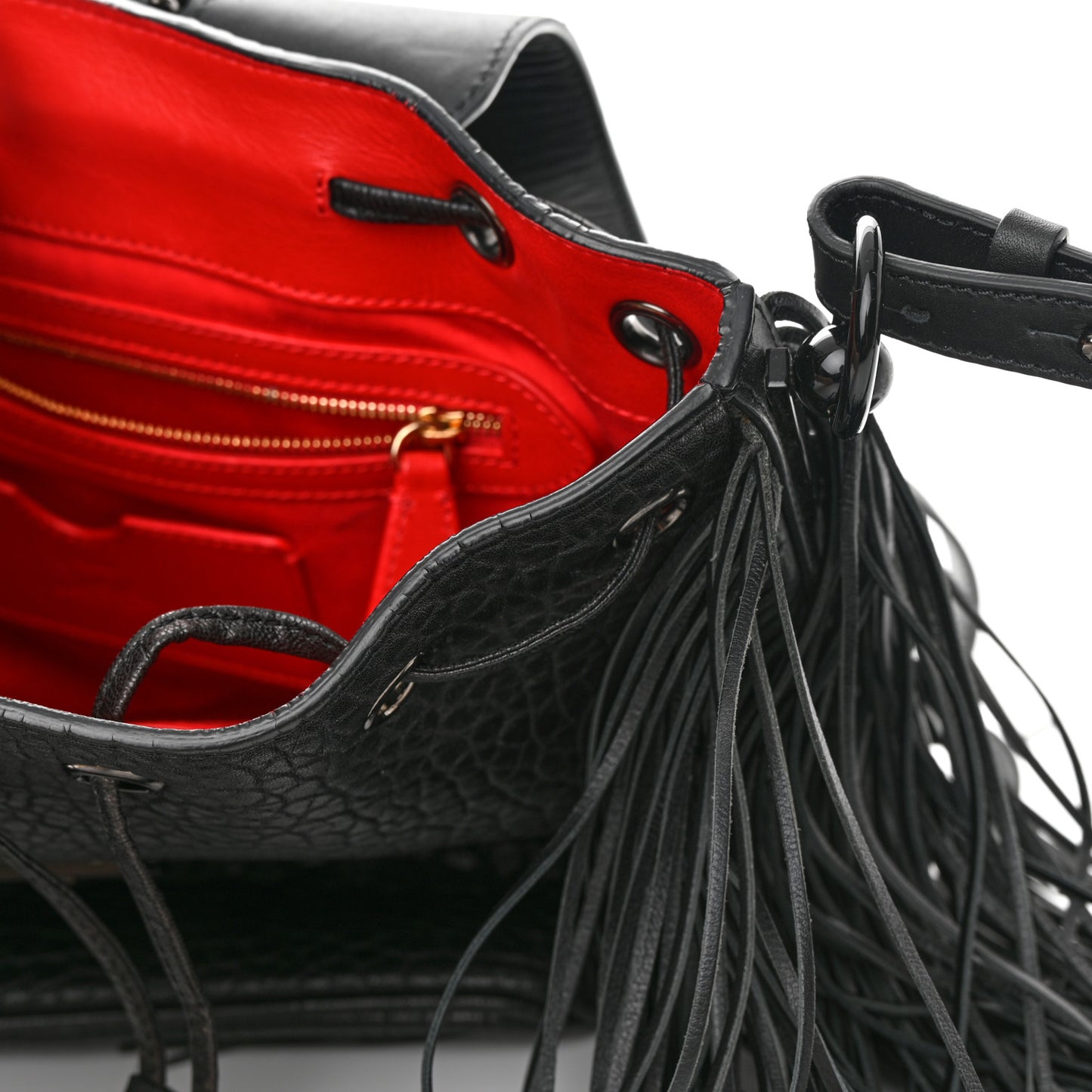 Pebbled Calfskin Fringe Lucky L Convertible Backpack Black