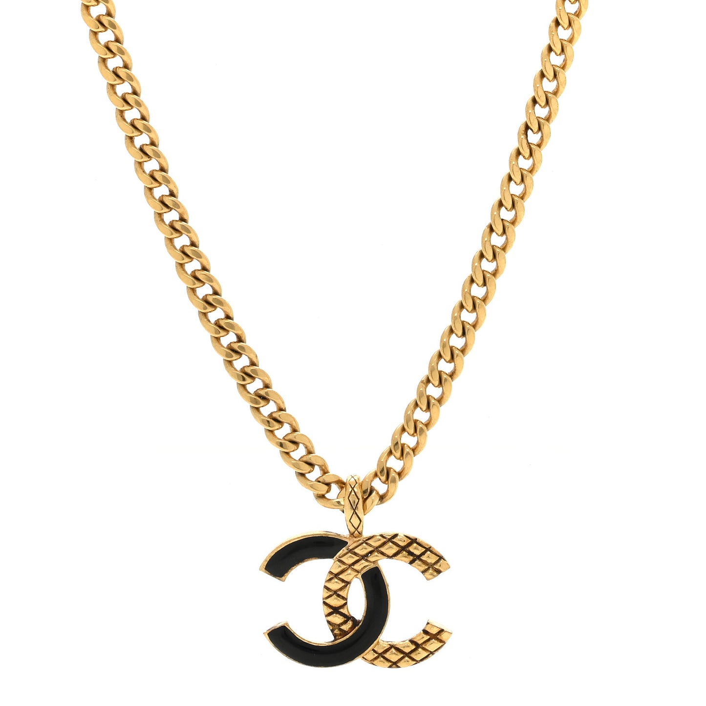 Metal Enamel Quilted CC Chain Necklace Pendant Gold Black