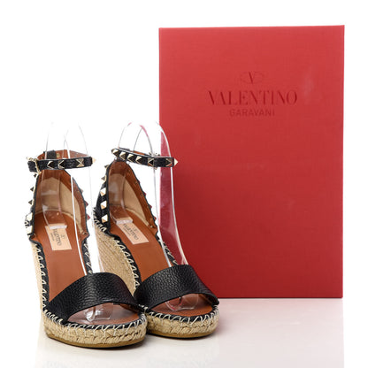Valentino Garavani Grained Calfskin Rockstud Ankle Strap Espadrille 15/105mm Wedge Sandals 37 Black Light Cuir Natural 11 of 11