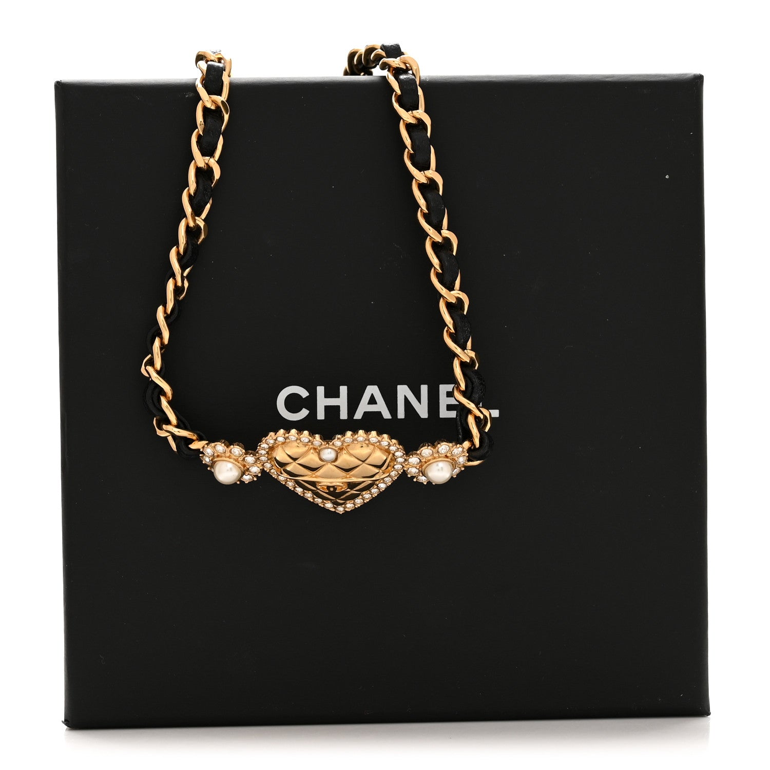 Chanel Metal Lambskin Glass Pearl Strass Heart Choker Gold Black 6 of 6