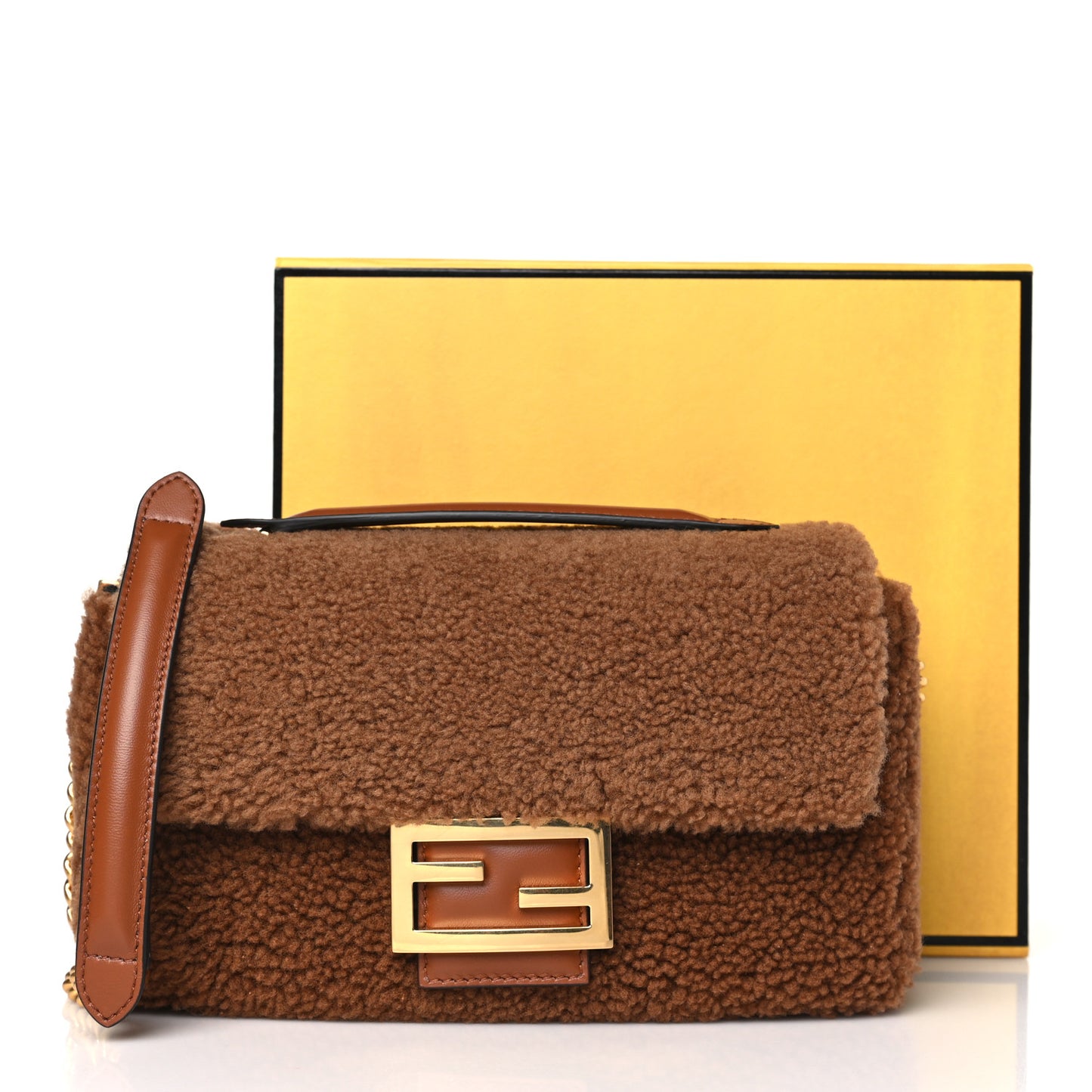 Shearling Lambskin Midi Chain Baguette Caramello