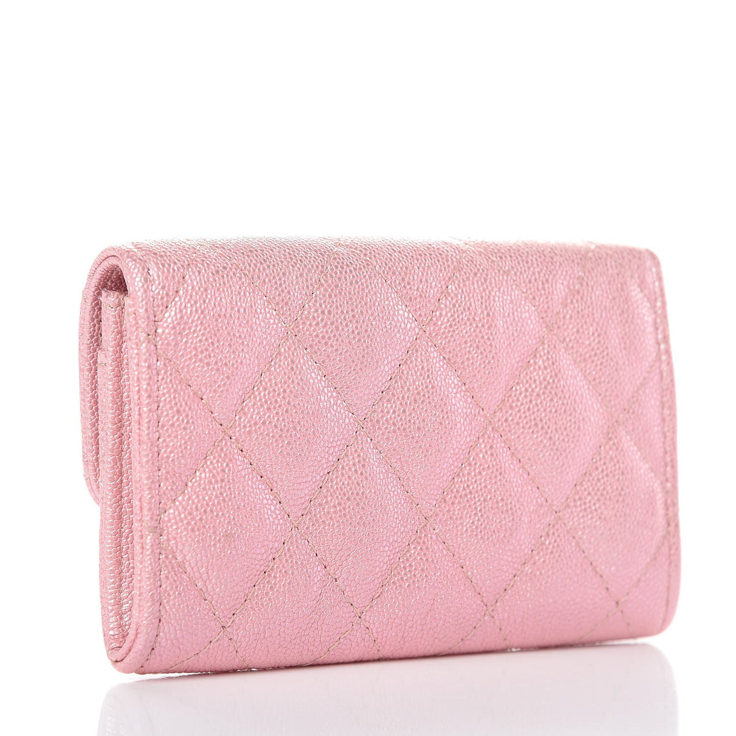 Iridescent Caviar Quilted Flap Card Holder Rose Pink