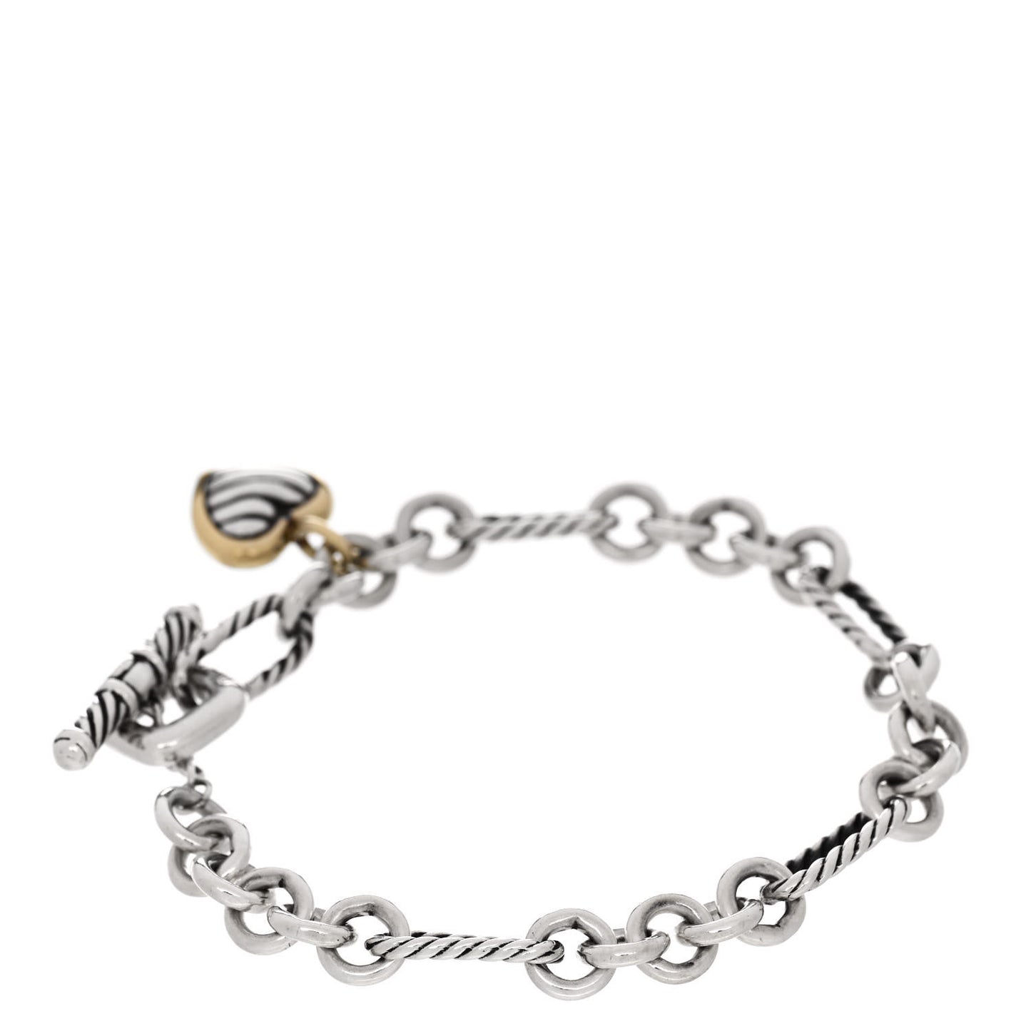 Sterling Silver 18k Yellow Gold Cable Heart Charm Bracelet