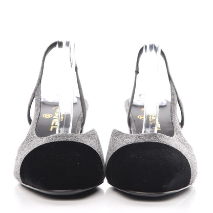 Chanel Wool Velvet Cap Toe CC Slingback Pumps 40 Black Grey 2 of 9
