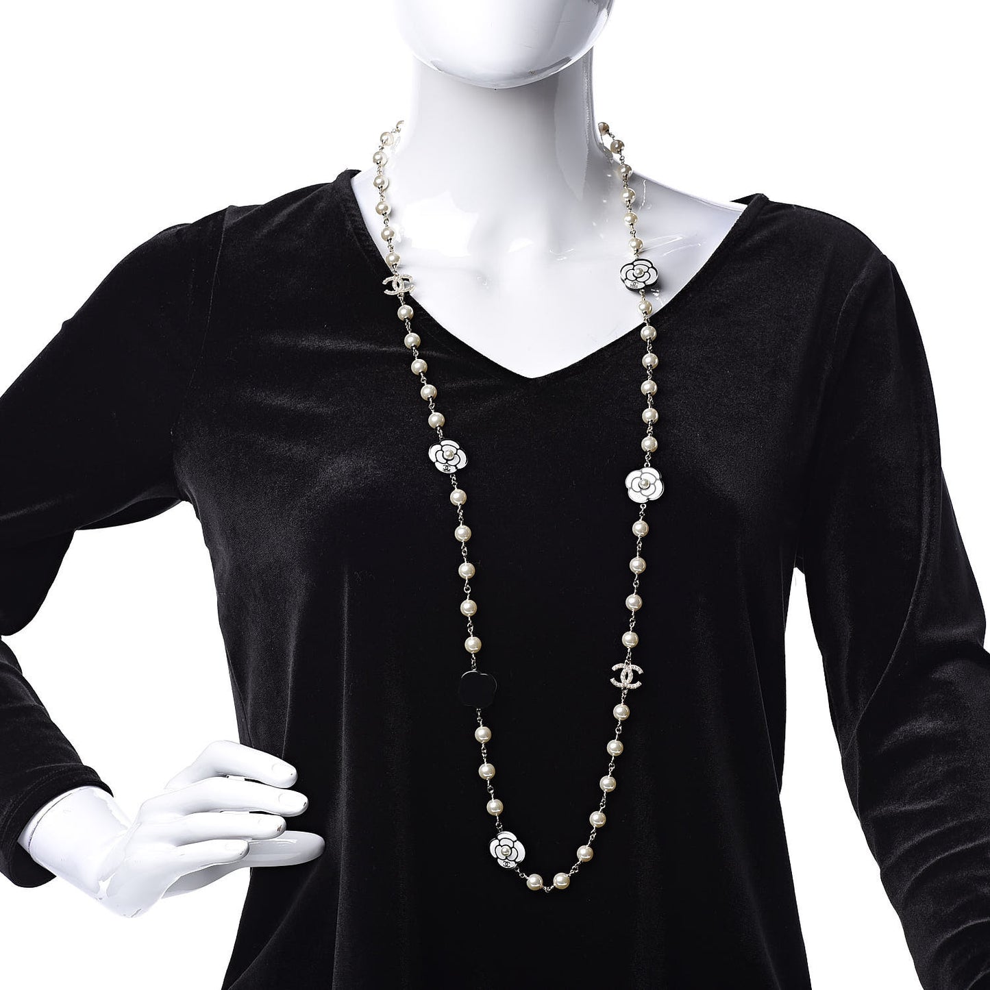 Resin Pearl Camellia CC Long Necklace Gold Pearly White