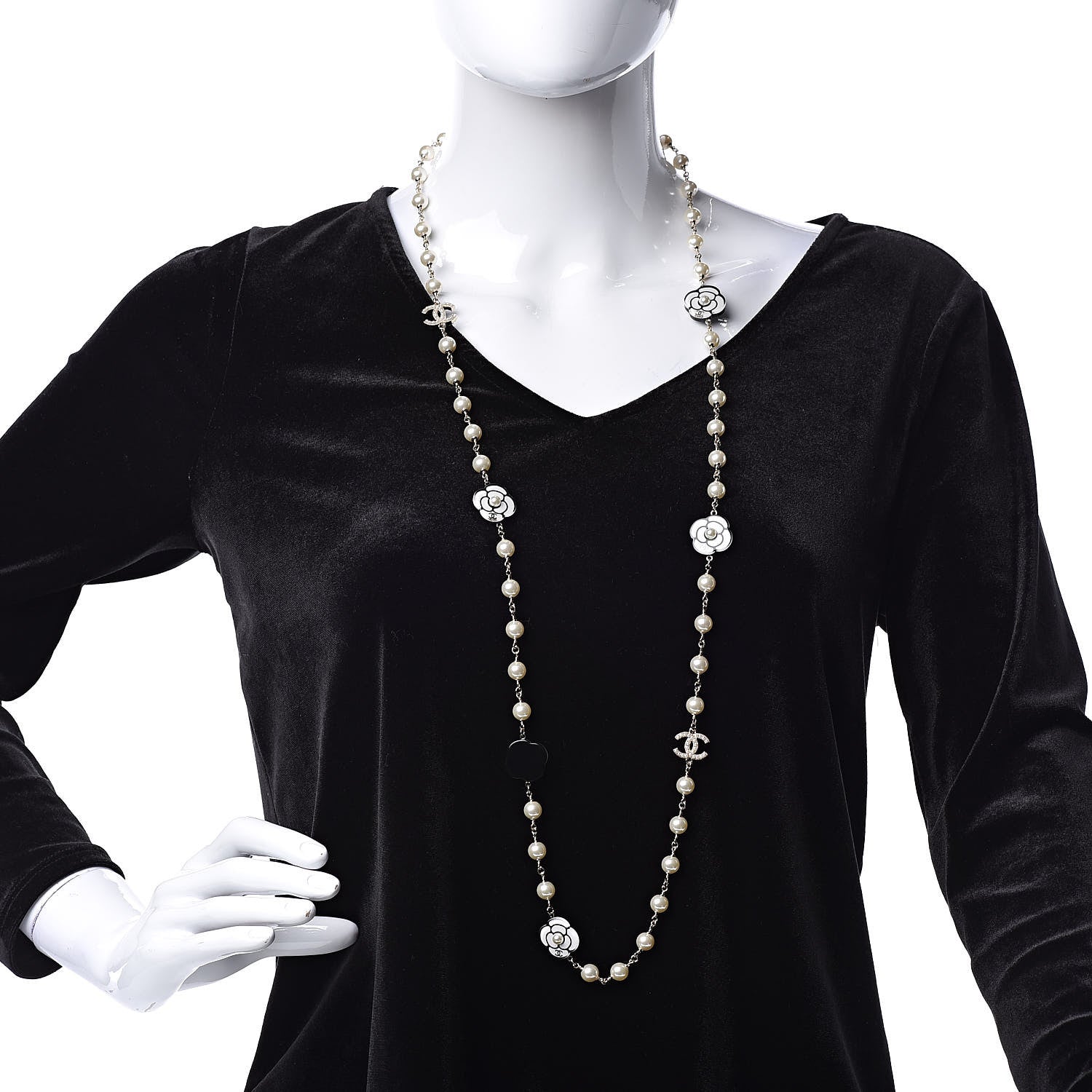 Chanel Resin Pearl Camellia CC Long Necklace Gold Pearly White 2 of 5