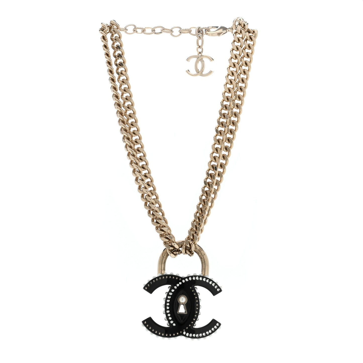 Crystal Pearl CC Chain Lock Choker Necklace Black Gold