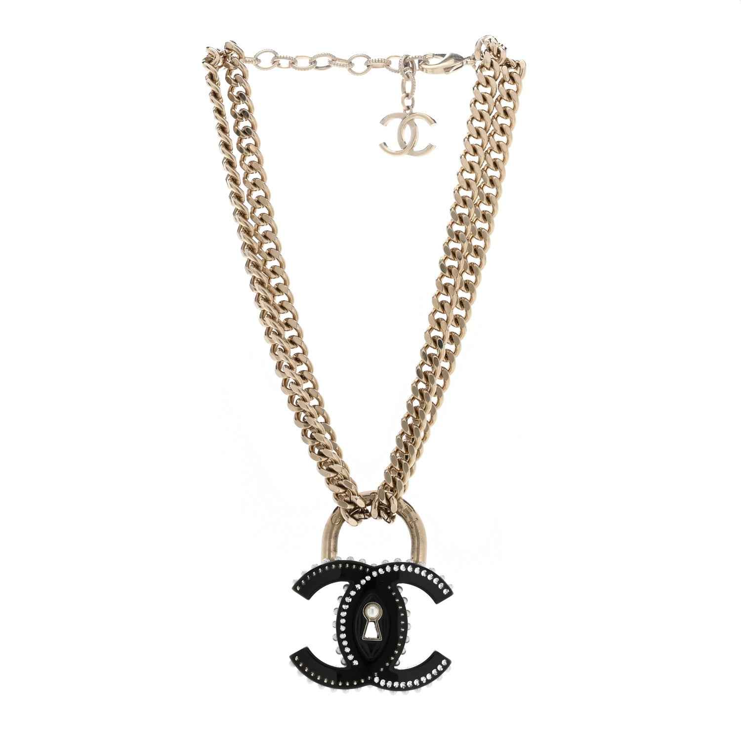 Chanel Crystal Pearl CC Chain Lock Choker Necklace Black Gold 3 of 5