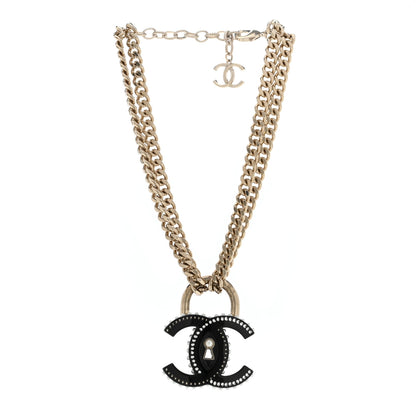 Chanel Crystal Pearl CC Chain Lock Choker Necklace Black Gold 3 of 5