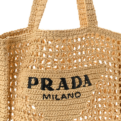 Prada Yarn Raffia Effect Crochet Logo Embroidered Tote Bag Naturale 7 of 9