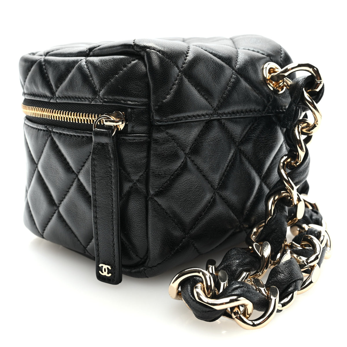 Lambskin Quilted Cube Chain Wristlet Case Black
