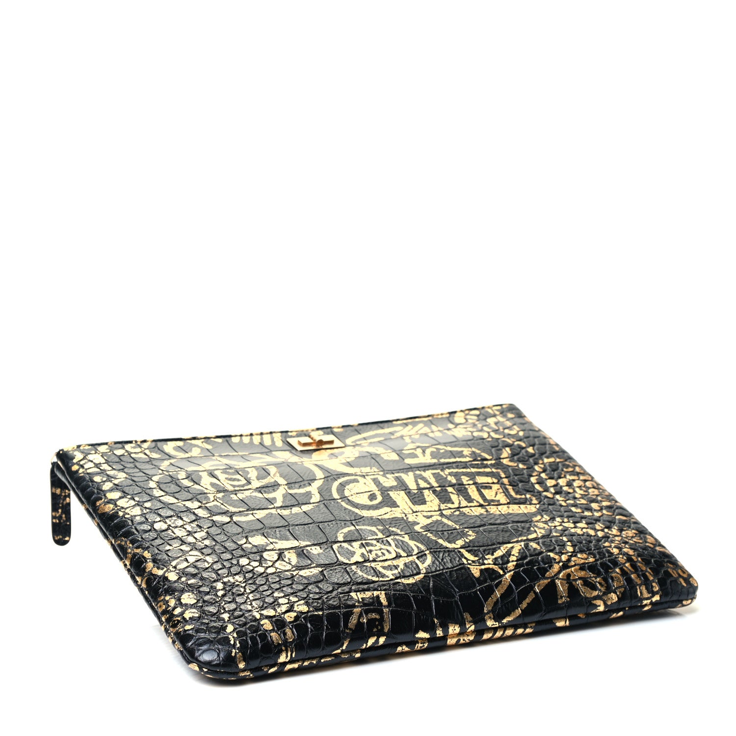 Chanel Calfskin Crocodile Embossed Graffiti 2.55 Medium Cocodile Reissue Cosmetic Case Black Gold 3 of 4