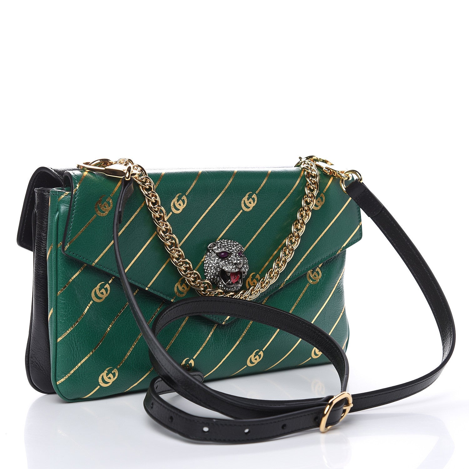 Gucci Calfskin Diagonal GG Medium Thiara Double Envelope Shoulder Bag Emerald Green Black 3 of 11