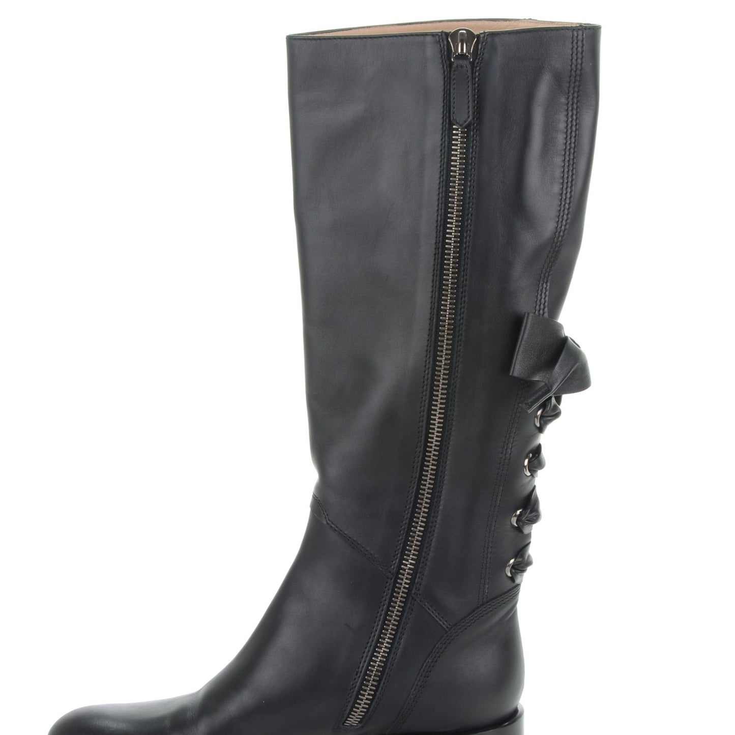 Soft Nappa Ascot Ribbon Lace-Up Riding Boots 40 Black