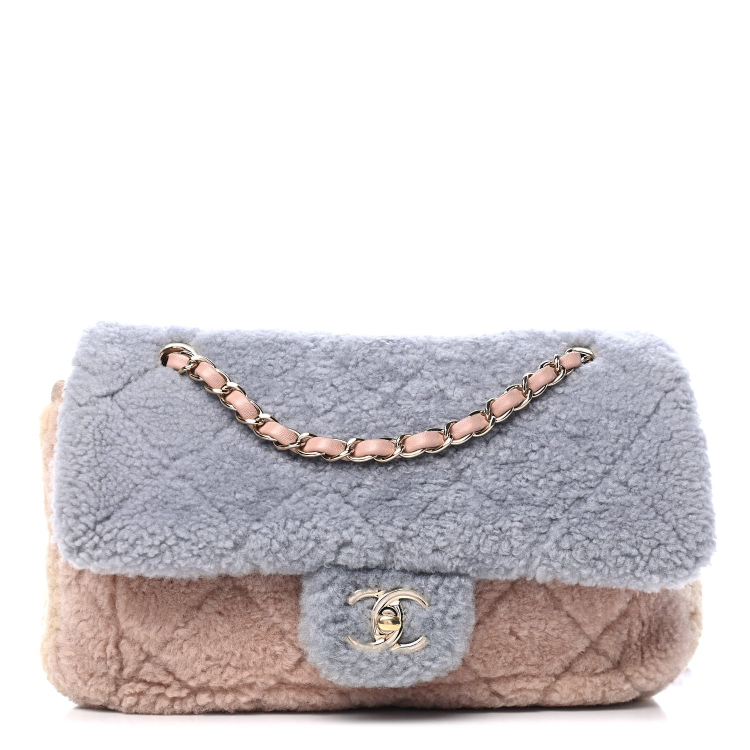 Chanel Shearling Sheepskin Single Flap Gray Pink Beige 1 of 4