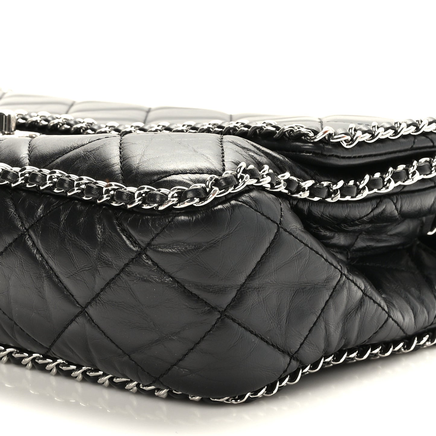 Crumpled Calfskin Quilted Large Chain All Over Flap Bag Black