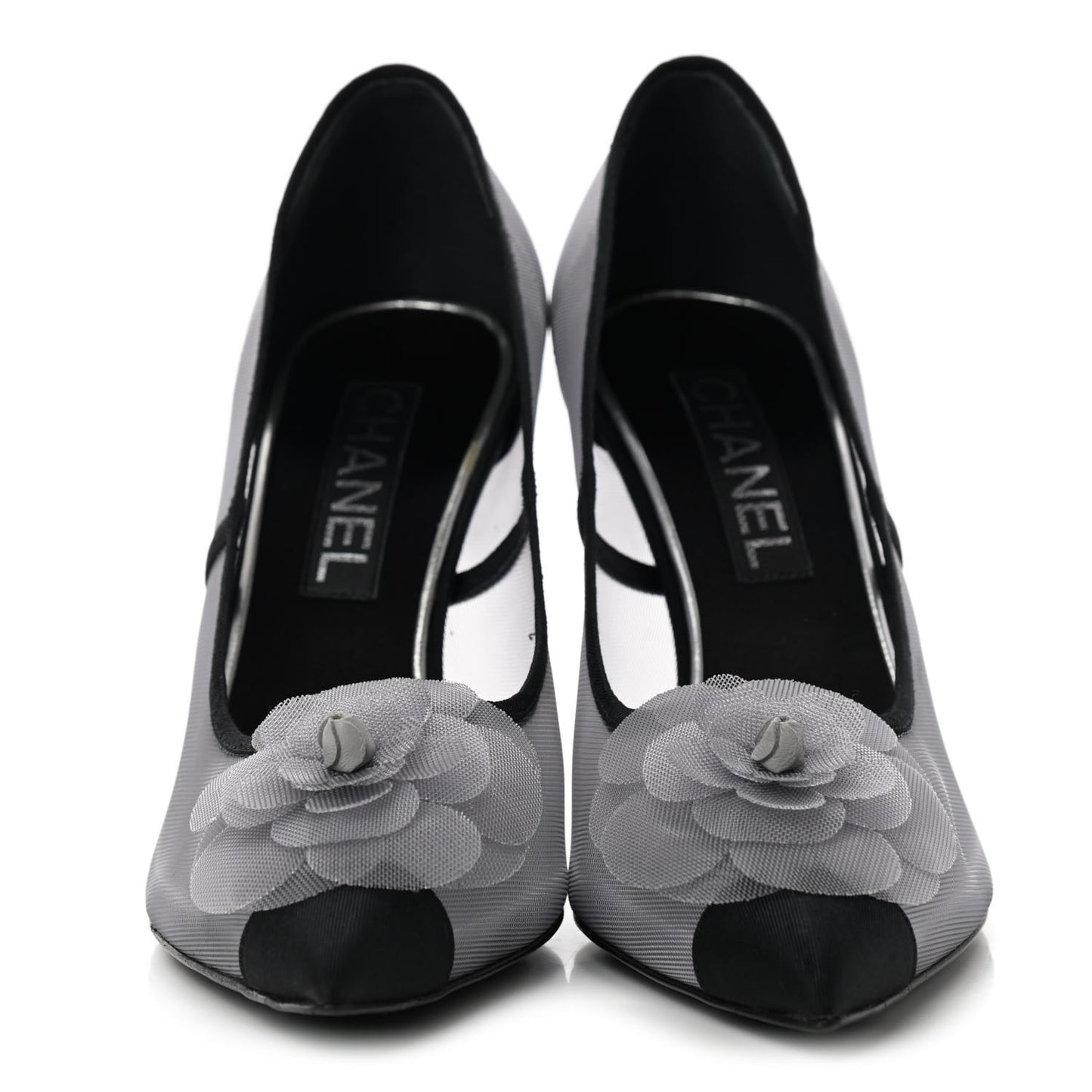 Mesh Grosgrain Camellia Pumps 40 Grey Black