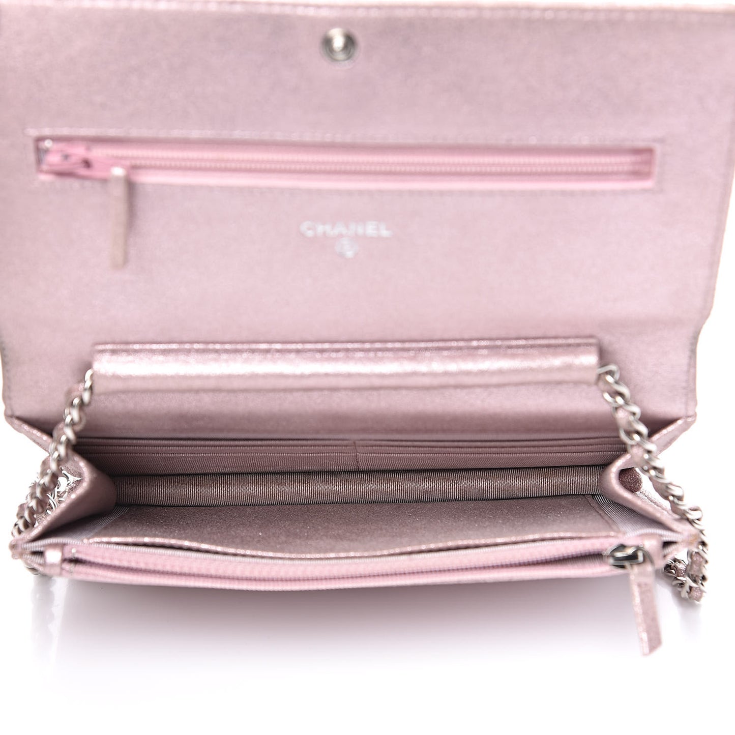 Iridescent Calfskin Quilted Wallet on Chain WOC Light Pink