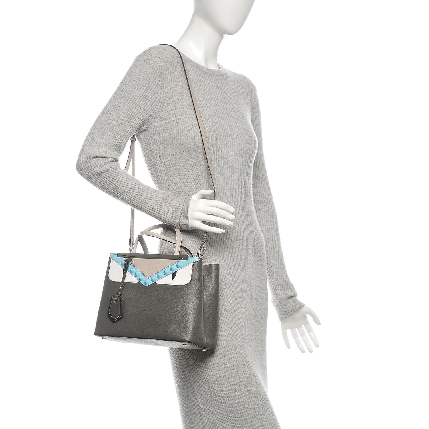 Fendi Vitello Elite Monster Eyes Studded Petite 2Jours Tote Carbone White Multicolor 2 of 6