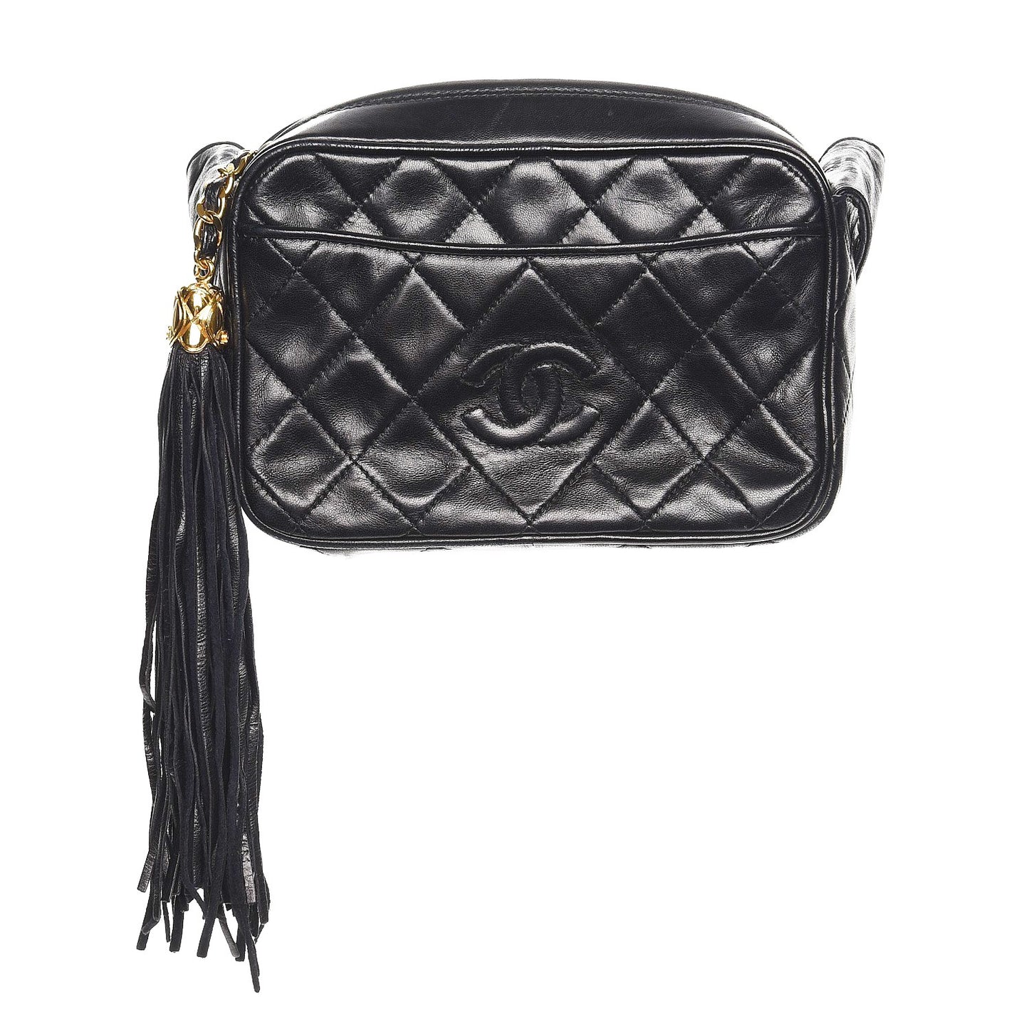 Lambskin Quilted Tassel Camera Case Black