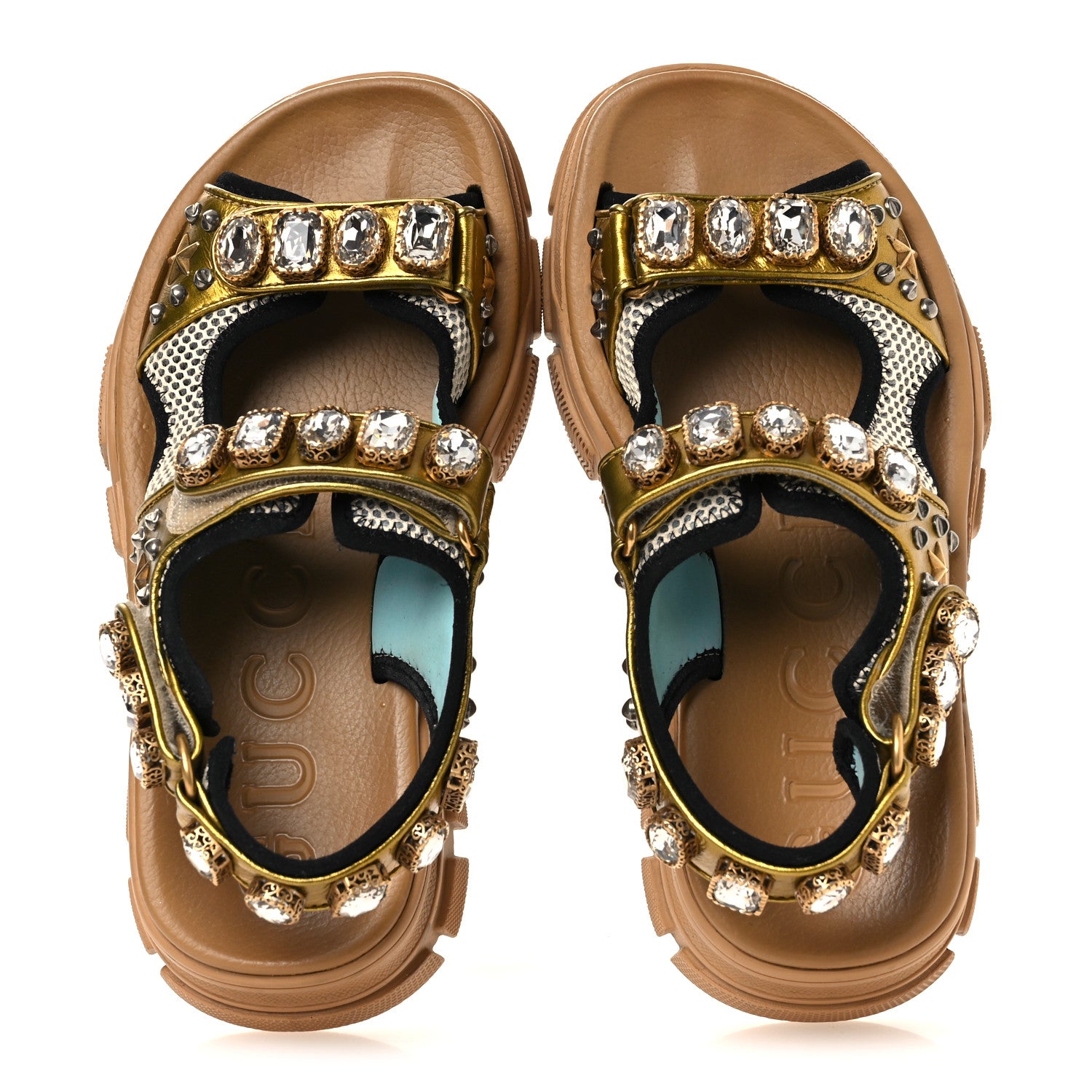 Gucci Silk Calfskin Mesh Crystal Embellished Studded Womens Aguru Sandals 38.5 Gold 2 of 12