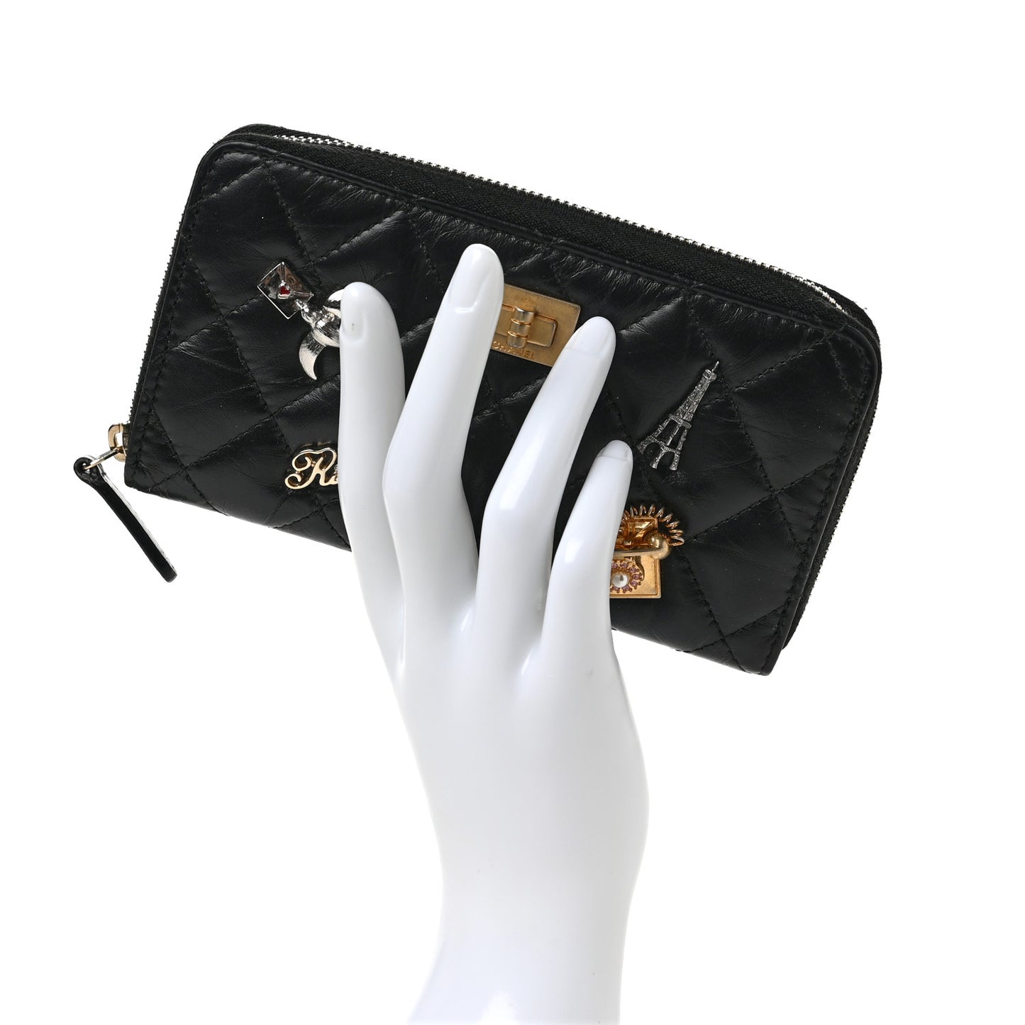 Aged Calfskin Quilted Small Lucky Charms 2.55 Reissue Zip Around Wallet Black