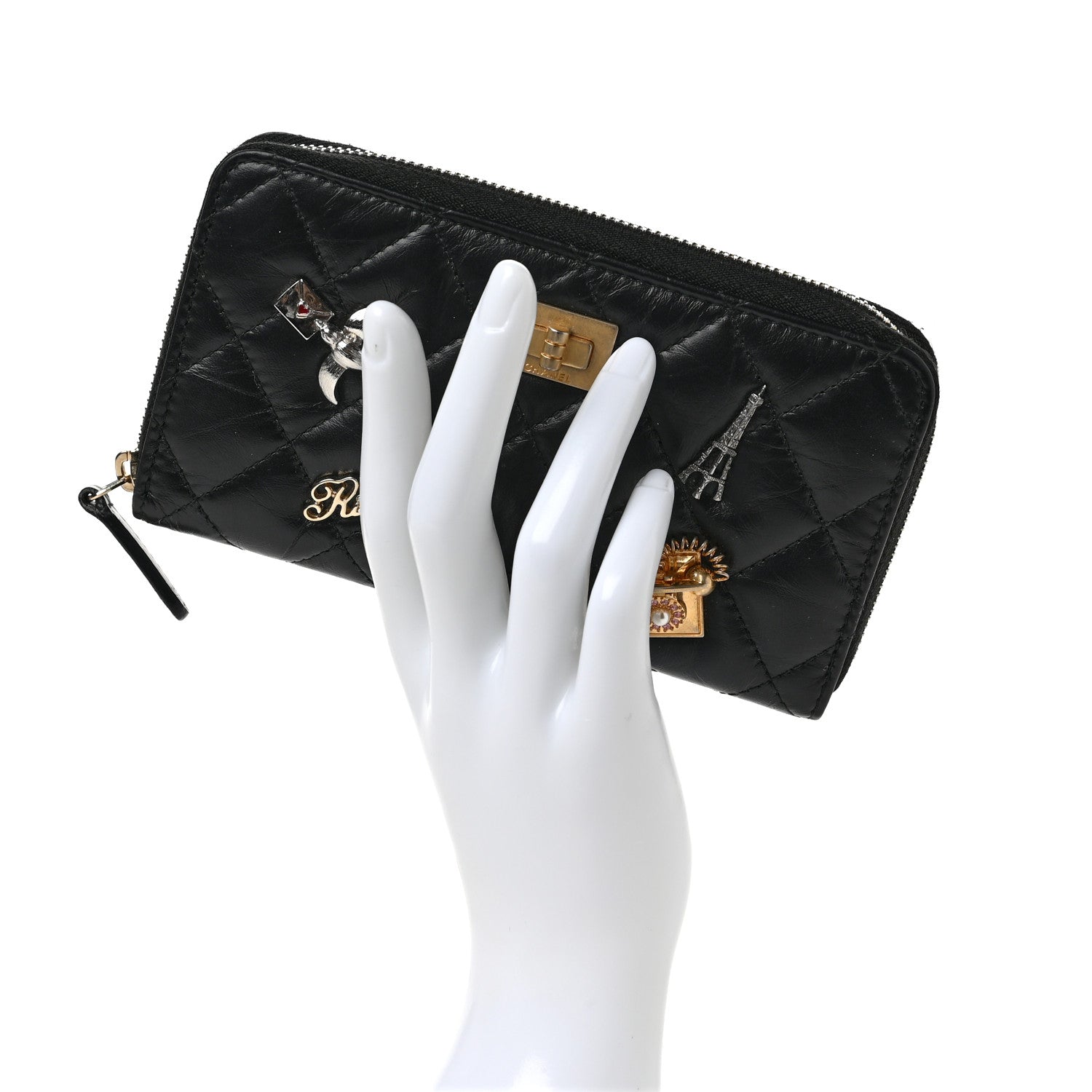 Chanel Aged Calfskin Quilted Small Lucky Charms 2.55 Reissue Zip Around Wallet Black 2 of 8