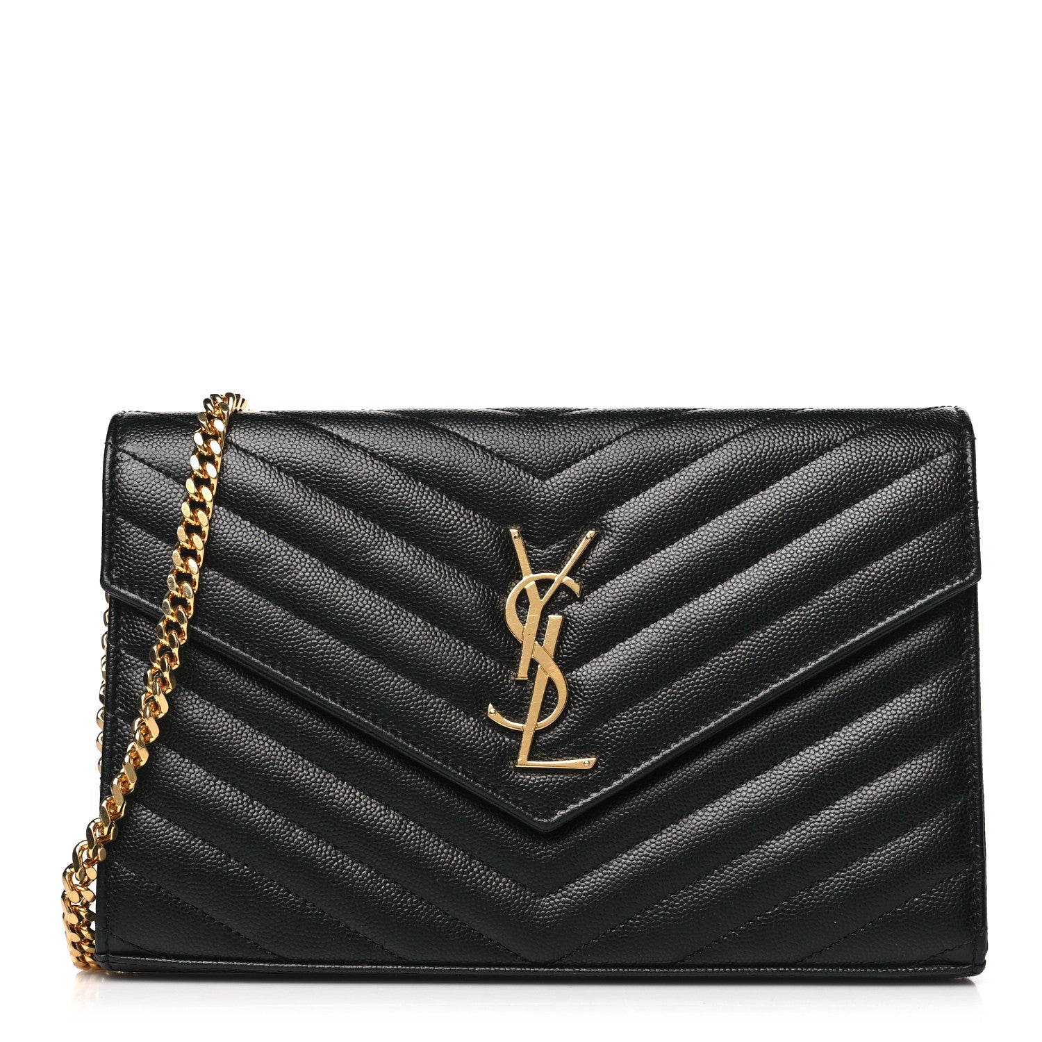Saint Laurent Grain De Poudre Matelasse Chevron Monogram Chain Wallet Black 1 of 8