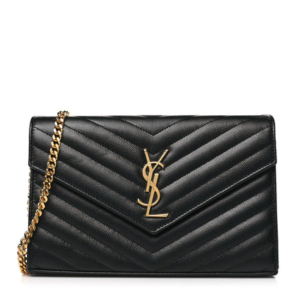 Saint Laurent Grain De Poudre Matelasse Chevron Monogram Chain Wallet Black 1 of 8