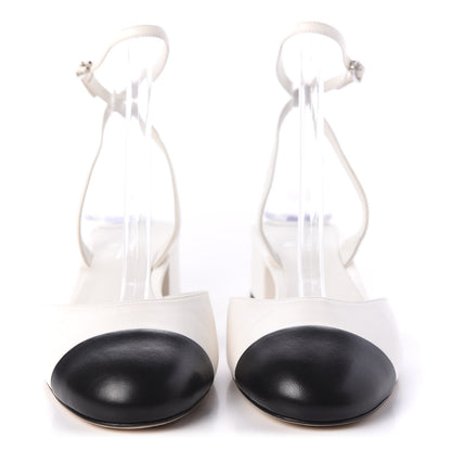 Chanel Lambskin Cap Toe CC Slingback Sandals 38.5 White Black 2 of 10