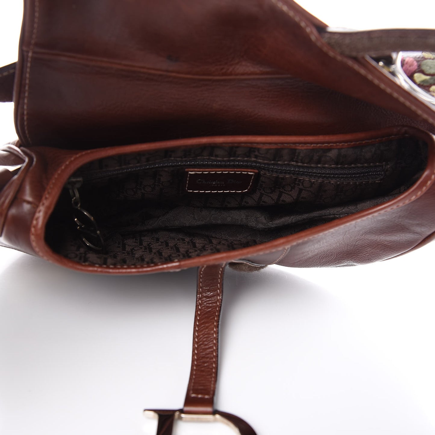 Calfskin Embroidered Romantic Flowers Saddle Bag Brown