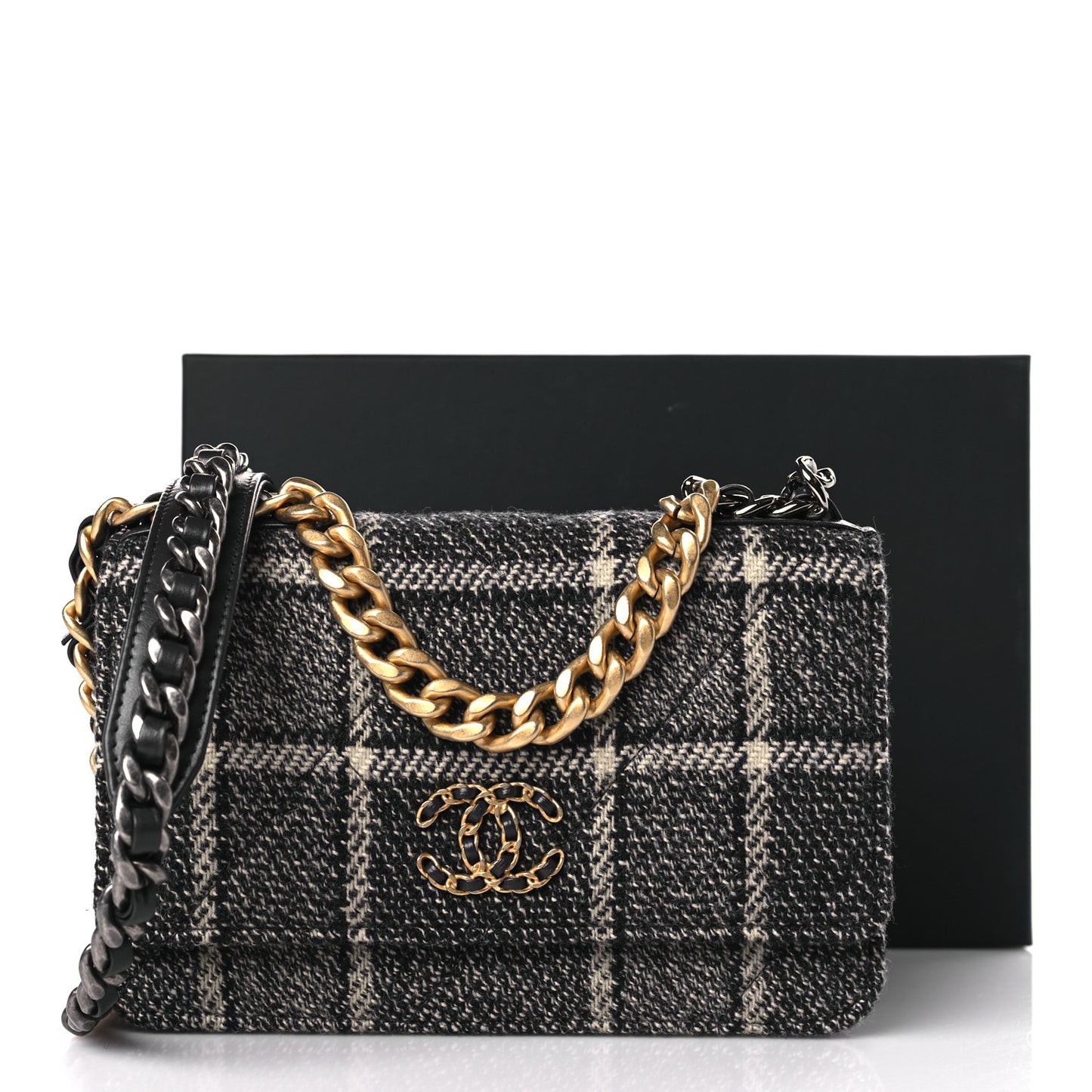 Tweed Quilted Chanel 19 Wallet On Chain WOC Grey Black Beige