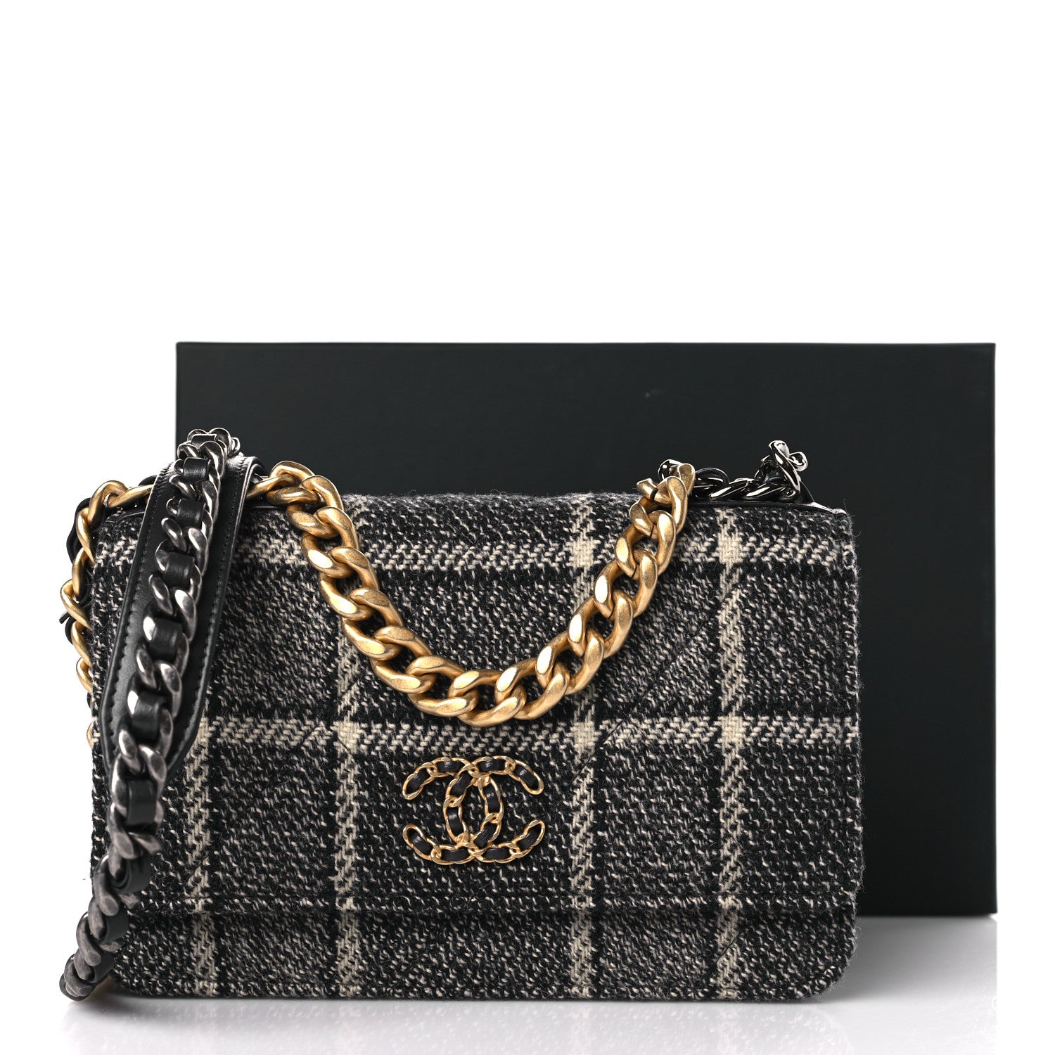 Chanel Tweed Quilted Chanel 19 Wallet On Chain WOC Grey Black Beige 10 of 10