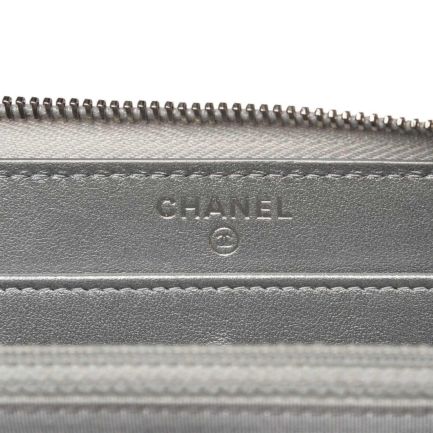 Metallic Calfskin Diamante Camellia Zip Around Wallet Silver