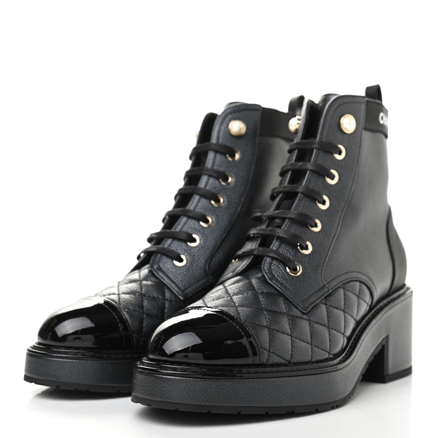 Pearly Calfskin Patent Calfskin Lace Up Combat Boots 37.5 Black