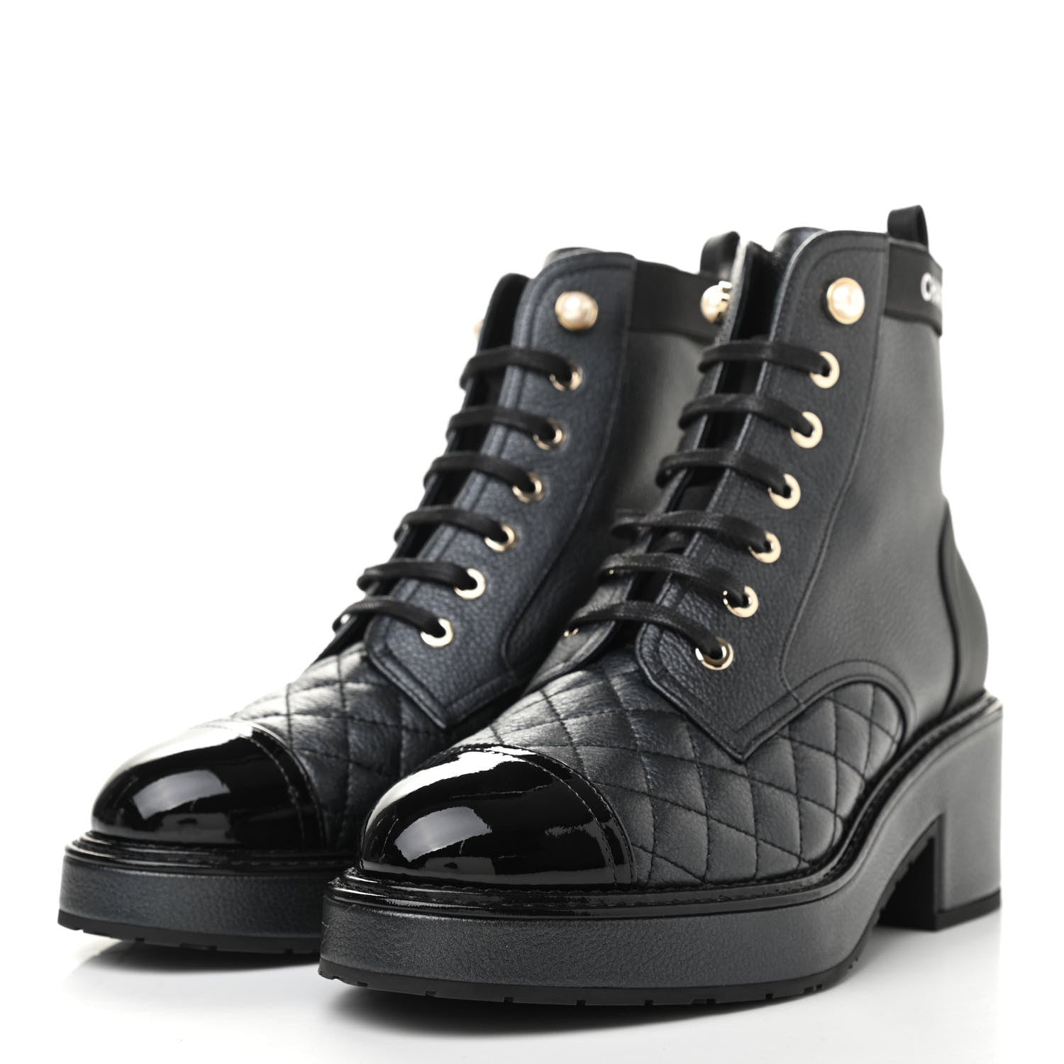 Chanel Pearly Calfskin Patent Calfskin Lace Up Combat Boots 37.5 Black 3 of 8