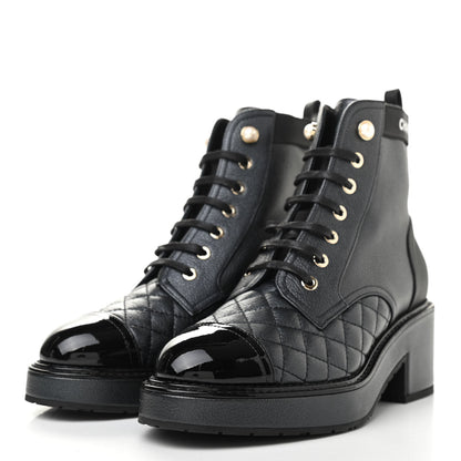 Chanel Pearly Calfskin Patent Calfskin Lace Up Combat Boots 37.5 Black 3 of 8