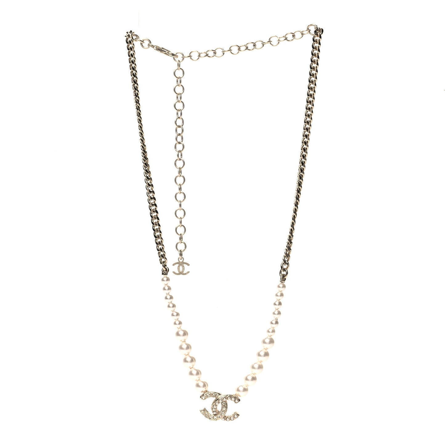 Pearl Crystal Chain CC Necklace Gold