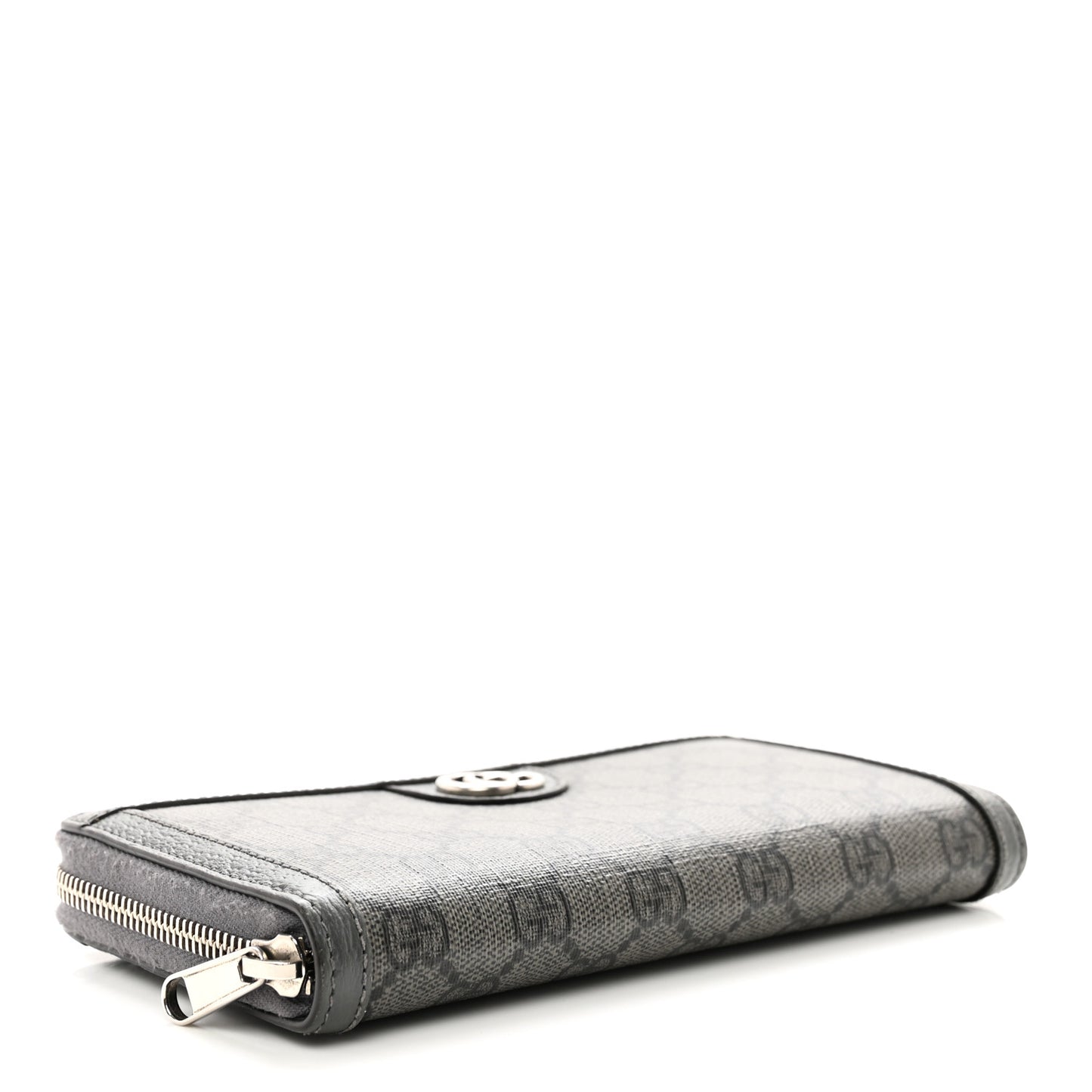 GG Supreme Monogram Textured Dollar Calfskin Ophidia Zip Around Wallet Grey Black Graphite Grey