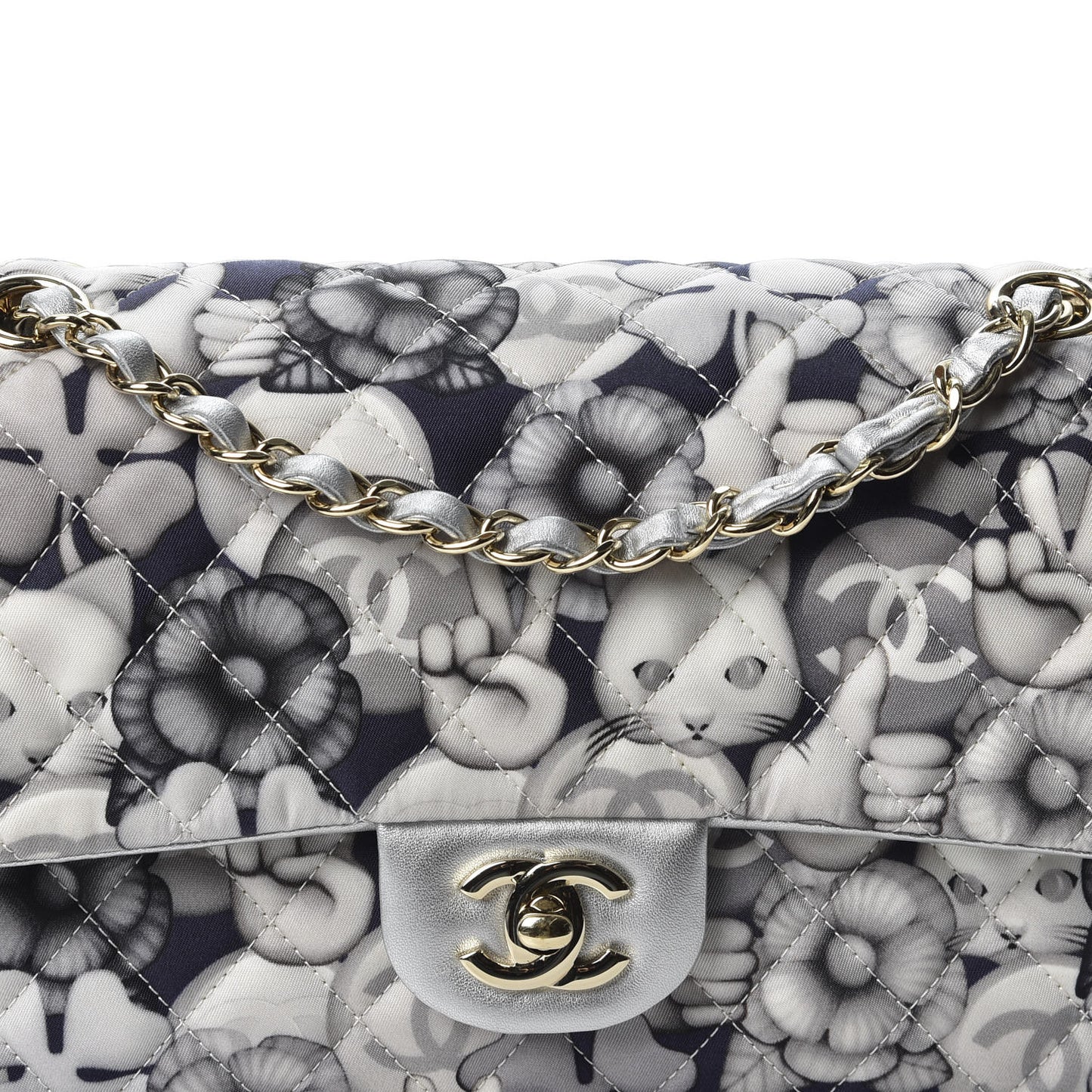 Nylon Quilted Medium Cat Emoticon Double Flap Navy Grey Ecru