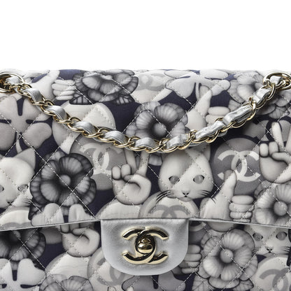 Chanel Nylon Quilted Medium Cat Emoticon Double Flap Navy Grey Ecru 9 of 10