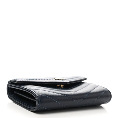 Chanel Goatskin Chevron Quilted Card Holder Flap Wallet Blue 4 of 9
