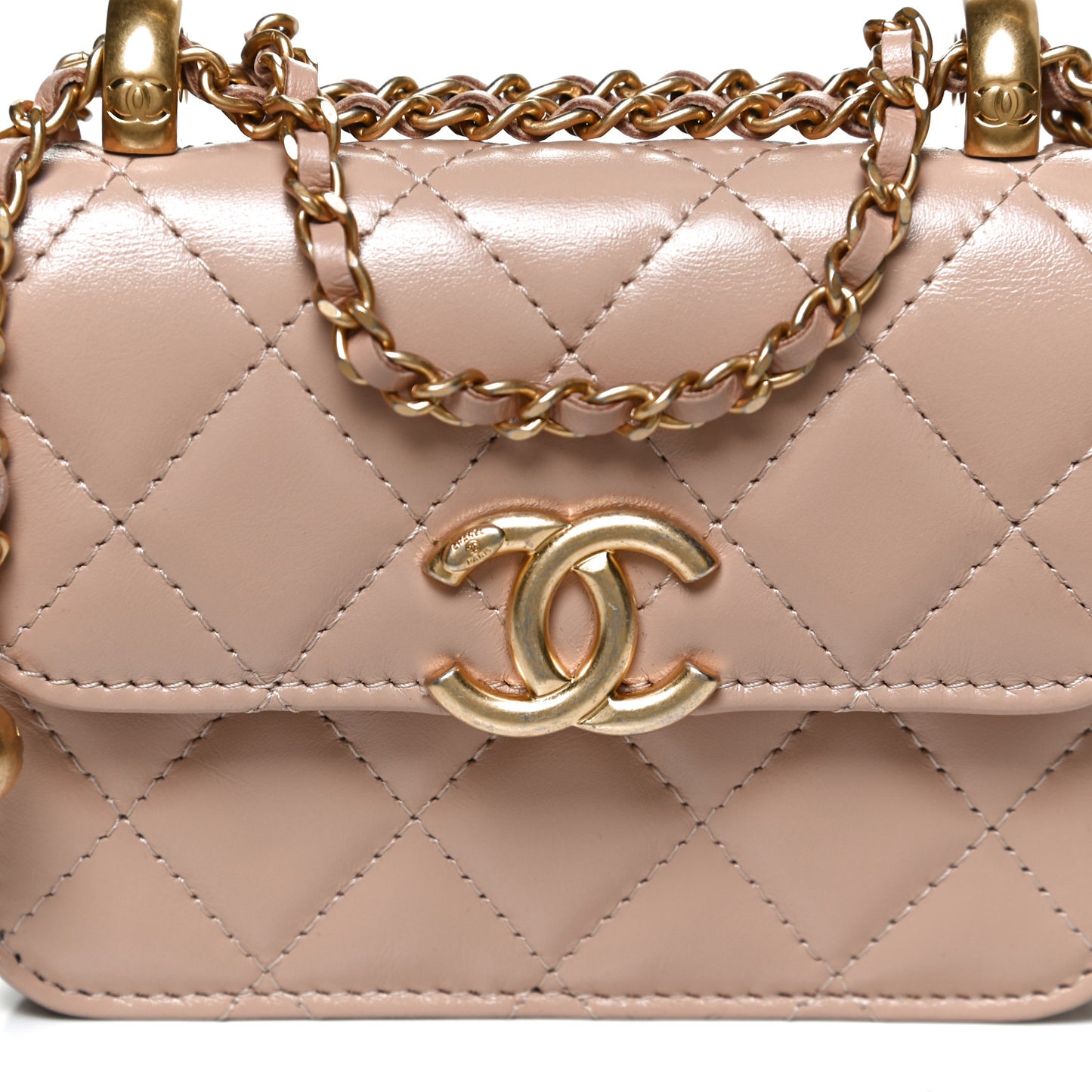 Calfskin Quilted Perfect Fit Coin Purse With Chain Beige