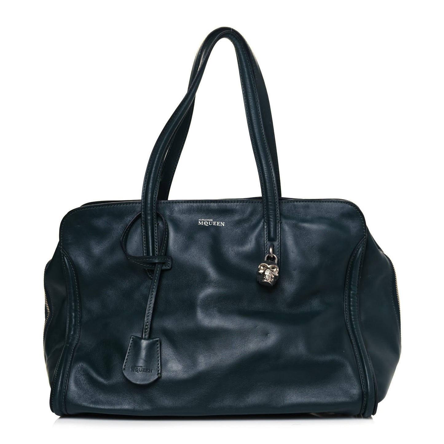 Pebbled Calfskin Large Skull Padlock Zip Around Tote Dark Green