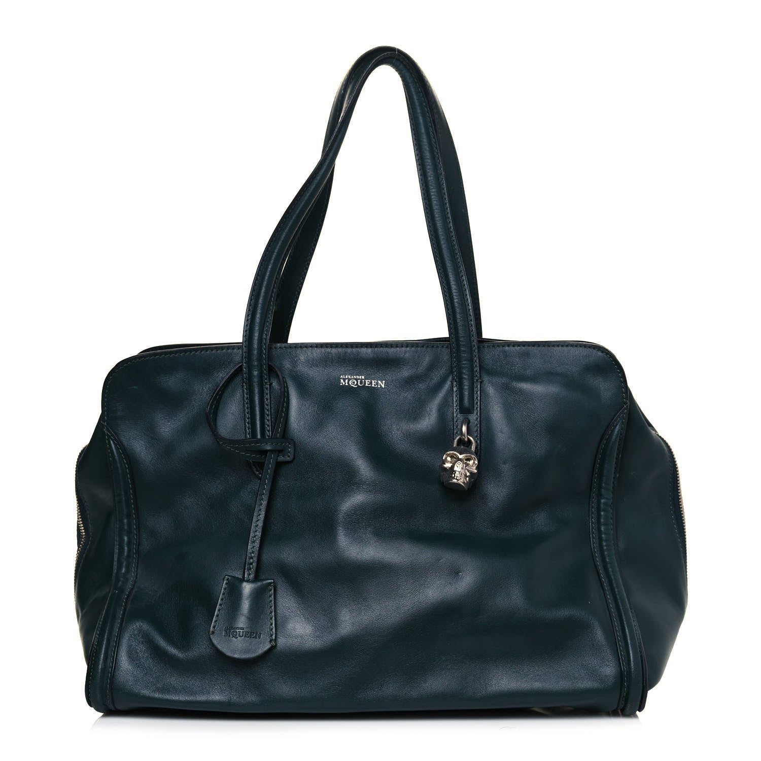 Alexander McQueen Pebbled Calfskin Large Skull Padlock Zip Around Tote Dark Green 1 of 28
