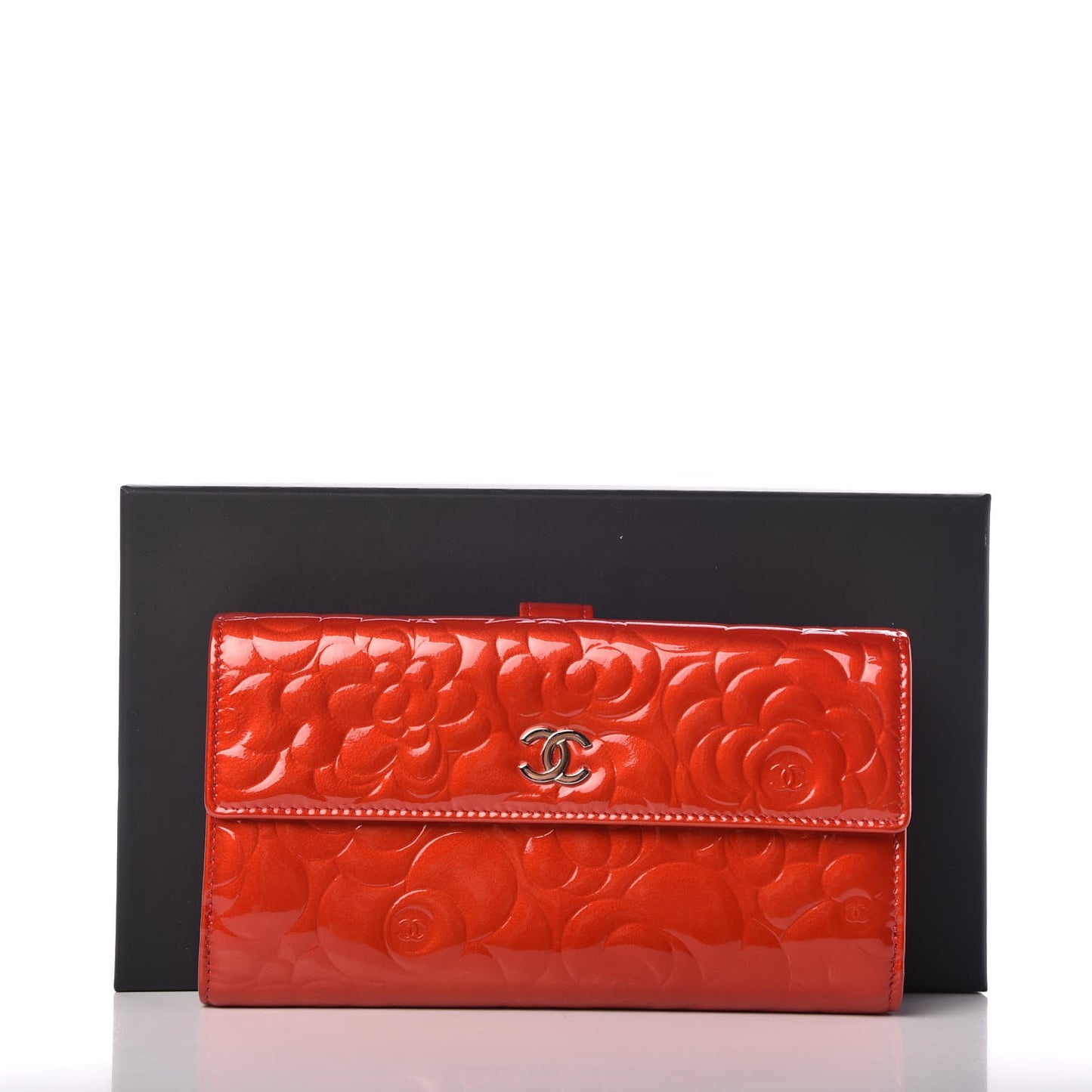 Patent Camellia Embossed Flap Wallet Dark Red