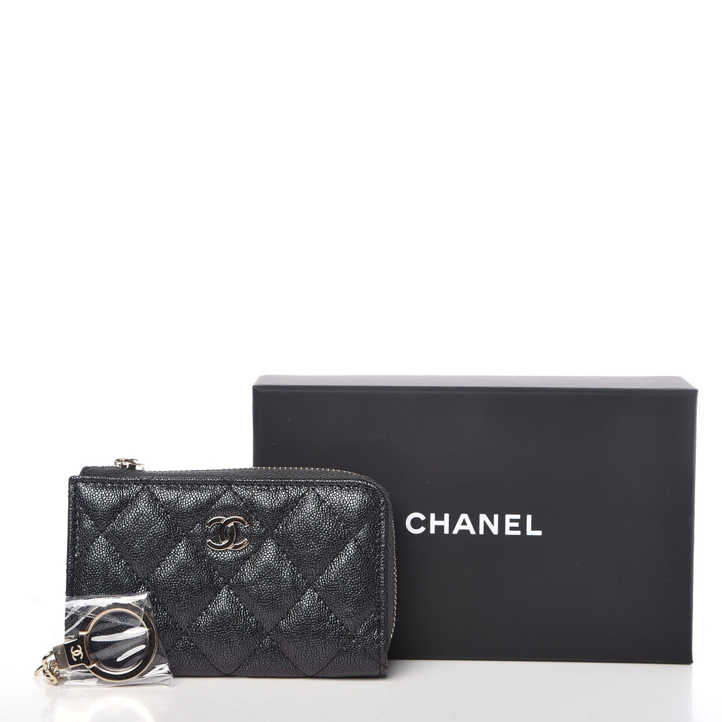 Iridescent Caviar Quilted Zipped Key Holder Case Black