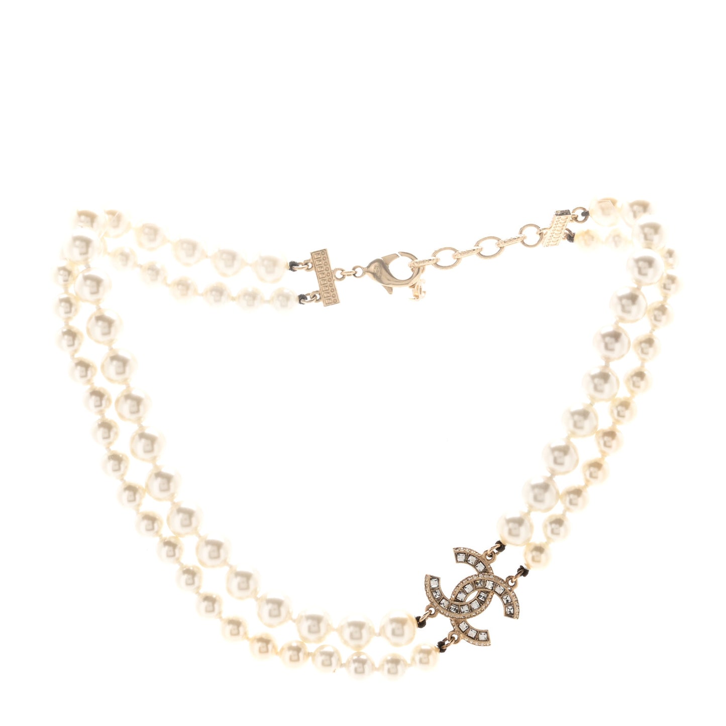 Baguette Crystal Pearl CC Double Strand Necklace Gold
